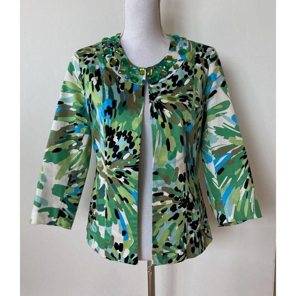 Trenz by Theresa Renz Sz S Jacket Greens and Blues Jeweled Neck Bling 3/4 Sleeve - Picture 2 of 8